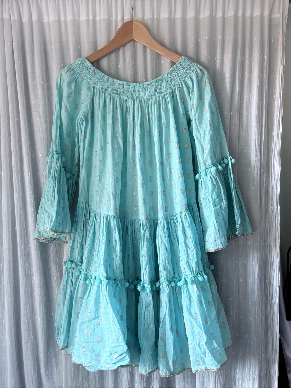 Light Blue Tiered Midi Dress with Pom Trim